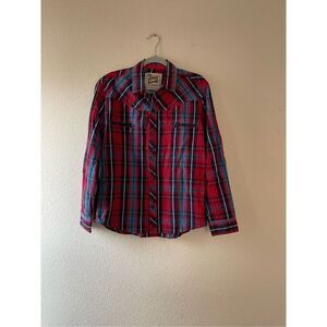 JNCO Button Up Shirt Mens large Red‎ Blue Plaid Long Sleeve Cotton Pockets